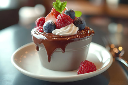 Chocolate dessert overflowing with chocolate sauce, topped with fresh berries and whipped creamの素材
