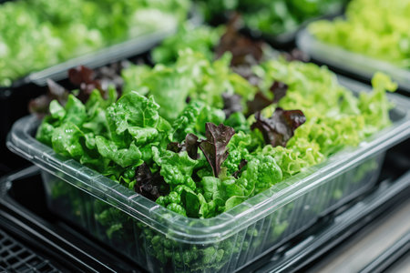 Trays of vibrant green spinach leaves thrive under controlled conditions in a vertical farm, offering a sustainable and efficient approach to agricultureの素材