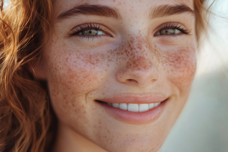 Close-up portrait of a smiling ginger woman with freckles, showcasing natural beauty and healthy skinの素材