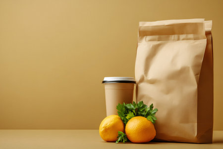 Eco-friendly disposable tableware for food delivery including paper bag, coffee cup, lemons, and parsley on a beige background promoting sustainabilityの素材