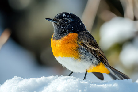 Narcissus flycatcher perched on snow during winter seasonの素材