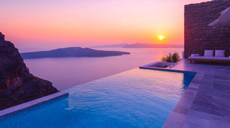Luxury infinity pool overlooking the caldera in Santorini, Greece during a breathtaking sunsetの素材