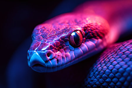 Close-up of a snake's face illuminated by vibrant neon lights, creating a mesmerizing and otherworldly effectの素材