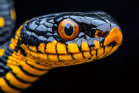 Close-up of the head of a mangrove snake, highlighting its vibrant yellow and black scales and intense orange eye against a dark backgroundの素材