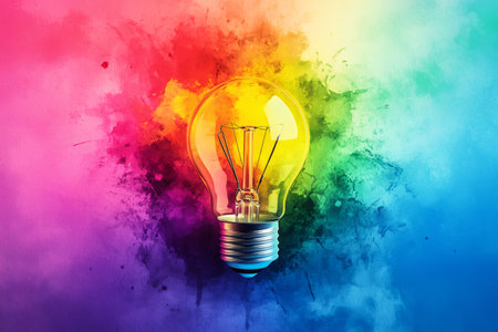 Lit light bulb on a vibrant watercolor splash background symbolizing imagination, innovation, and inspirationの素材
