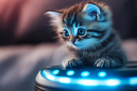 Adorable kitten exploring a glowing device, showcasing curiosity and technological themesの素材