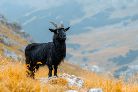Majestic black goat standing proudly on a mountain ridge, surrounded by golden grass and a cloudy skyの素材