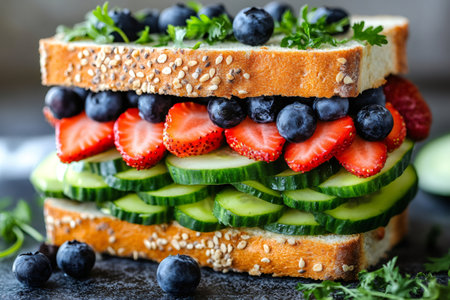 Whole wheat bread sandwich with sliced cucumber, strawberries and blueberries, decorated with parsley, representing a healthy eating habitの素材