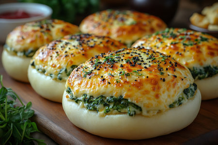 Freshly baked spinach and cheese stuffed buns garnished with black sesame seeds, creating a mouthwatering culinary delightの素材