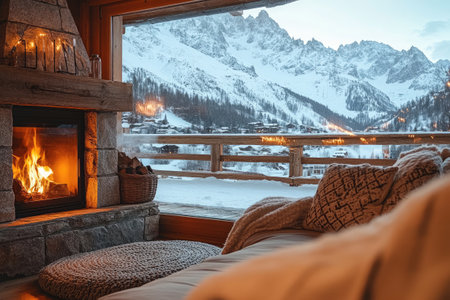 Cozy winter scene showcasing a burning fireplace in a mountain chalet living room, with a snowy landscape viewの素材
