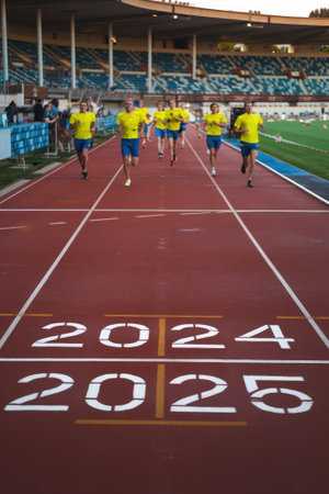 Athletes running on a track with 2024 and 2025 painted on it, symbolizing future goals and achievementsの素材