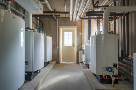Modern boiler room equipped with multiple heating systems ensuring efficient hot water supply and heat distributionの素材