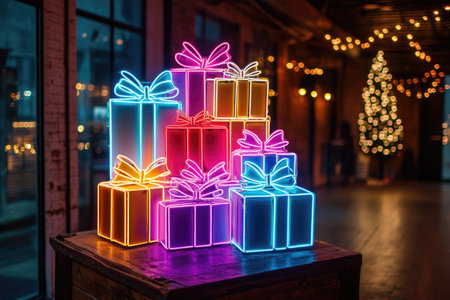 Colorful neon Christmas presents create a vibrant holiday display, adding a modern twist to traditional festive decorの素材