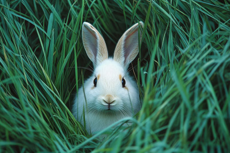 Cute white rabbit hiding in the tall green grassの素材