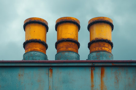Three rusty yellow exhaust pipes rising from a weathered metal rooftop against a cloudy sky evoke industrial gritの素材
