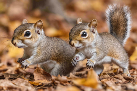 Two squirrels are running and playing together on fallen autumn leaves in a forestの素材