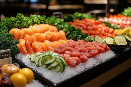 Fresh cuts of salmon and tuna sashimi are beautifully presented on a bed of ice with cucumber, lime, and other garnishes, creating an appealing displayの素材