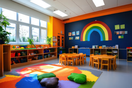 Empty kindergarten classroom features a vibrant rainbow wall mural, inspiring a playful atmosphere for children's education and developmentの素材