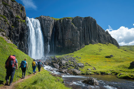 Hikers enjoying a scenic trek near a powerful waterfall cascading down a cliff face in the Icelandic highlandsの素材
