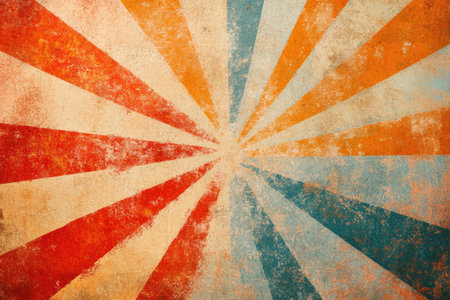 Colorful retro sunburst design converging in the center on grunge textured backgroundの素材