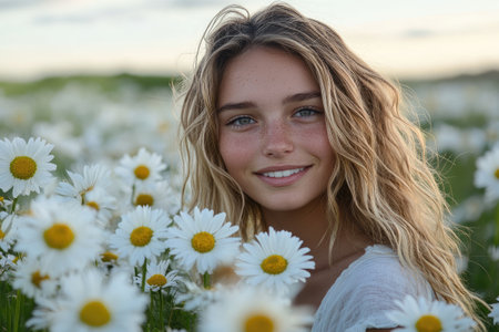 Portrait of a smiling blonde woman enjoying a field of daisiesの素材