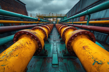 Yellow industrial pipes transporting gas or oil in a refinery or chemical plantの素材