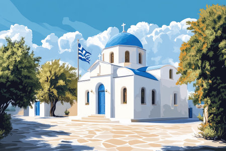 Traditional greek orthodox church with blue dome and greek flag waving proudly in the wind, evoking a serene mediterranean atmosphereの素材