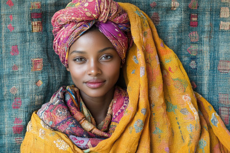 Studio portrait of a fashion model wearing a colorful headscarf and matching shawl, showcasing cultural or ethnic fashionの素材