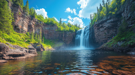 Stunning waterfall cascading into a crystal-clear lake, surrounded by lush greenery and rocky cliffs, creating a breathtaking natural landscapeの素材