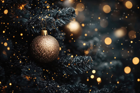 Golden Christmas ball ornament hanging on a black Christmas tree with sparkling lights, creating a festive atmosphereの素材