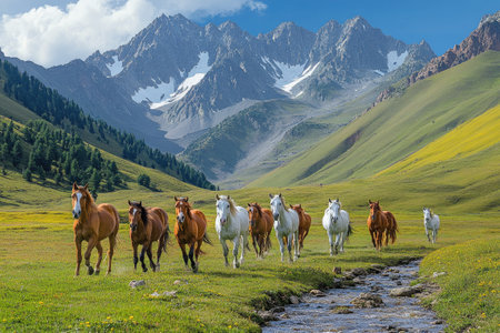 Herd of horses running in a green meadow with snowy mountains and creek in the background, representing freedom and wildernessの素材