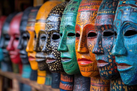 Vibrant, hand-painted tribal masks with intricate designs showcase the artistry and traditions of ancient culturesの素材