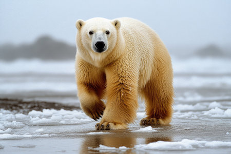 Large male polar bear walking on melting ice floe near the shore in the arcticの素材