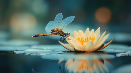 Beautiful dragonfly with transparent wings landing on a yellow water lily flower in a pond, with reflection on water surfaceの素材