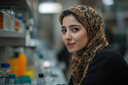 Portrait of a young Muslim scientist wearing a hijab, working in a modern laboratoryの素材