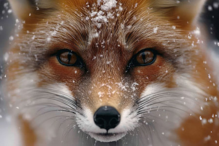 Close-up of captivating red fox during snowfall, showcasing the beauty of wildlife in winterの素材