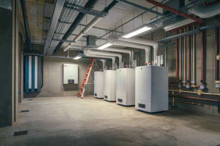 Modern boiler room equipped with heating systems, pipes, and control panels ensuring efficient heating and hot water supplyの素材