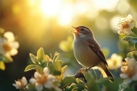 Small bird singing on a branch with white flowers during a golden hour sunsetの素材