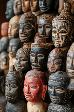 Wooden carved figures representing Khmer art and culture, creating a captivating display of traditional craftsmanshipの素材
