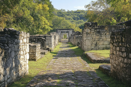 Stone path leading through ancient Mayan ruins in Ek Balam, Mexico on a sunny dayの素材
