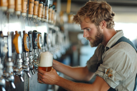 Bartender carefully pouring craft beer from tap in modern brewery pubの素材