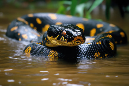 Gold-speckled snake resting in shallow water, displaying its vibrant scales and focused gazeの素材