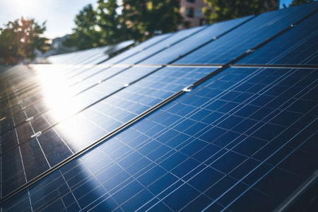Sunlight reflecting on photovoltaic solar panels providing sustainable and renewable energyの素材