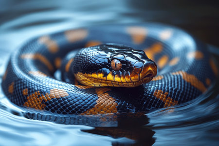 Coiled white-lipped python resting in shallow water, displaying its striking black and gold patternの素材