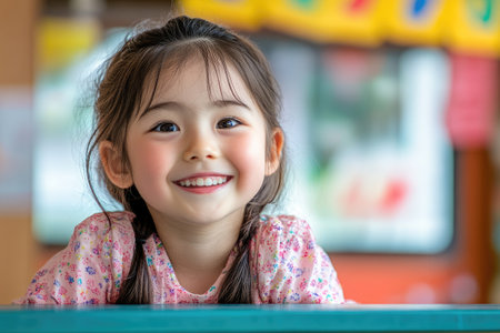 Portrait of a smiling young girl leaning on a table at schoolの素材