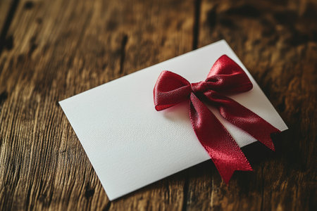 Gift card with red bow is lying on a wooden table, creating a festive and celebratory atmosphereの素材