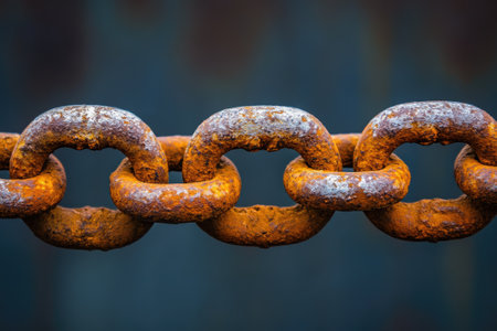 Close-up of rusty chain links, highlighting corrosion and decay, against a blurred backgroundの素材