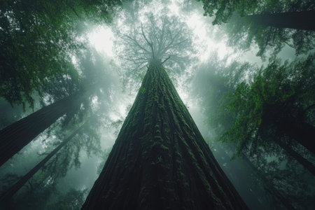 Redwood trees tower into the misty sky, creating a breathtaking view of nature's grandeurの素材