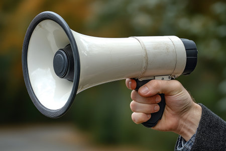 Hand holding megaphone making announcement at public protestの素材
