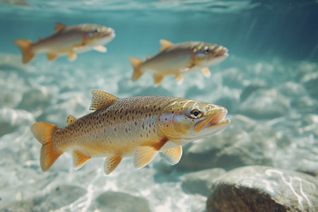 Brown trout swimming in a clear water river over rocksの素材